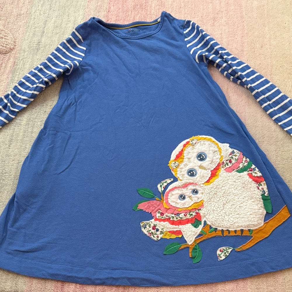 Mini Boden Blue Owl Dress with Striped Sleeves